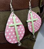 Pink with White Polka Dots Real Leather Earrings with a Pastel Green Cross and Crystal Charm Dangles