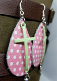 Pink with White Polka Dots Real Leather Earrings with a Pastel Green Cross and Crystal Charm Dangles