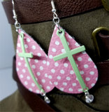 Pink with White Polka Dots Real Leather Earrings with a Pastel Green Cross and Crystal Charm Dangles