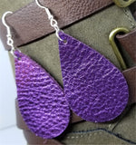 Metallic Purple Tear Drop Shaped Real Leather Earrings