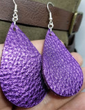 Metallic Purple Tear Drop Shaped Real Leather Earrings