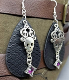 Patterned Faux Leather Teardrop Shaped Earrings with a Skull and Clef Note Charm and Crystal Charms
