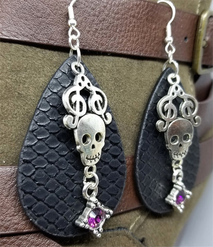 Patterned Faux Leather Teardrop Shaped Earrings with a Skull and Clef Note Charm and Crystal Charms