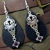Patterned Faux Leather Teardrop Shaped Earrings with a Skull and Clef Note Charm and Crystal Charms