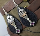 Patterned Faux Leather Teardrop Shaped Earrings with a Skull and Clef Note Charm and Crystal Charms