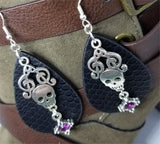Patterned Faux Leather Teardrop Shaped Earrings with a Skull and Clef Note Charm and Crystal Charms