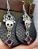 Patterned Faux Leather Teardrop Shaped Earrings with a Skull and Clef Note Charm and Crystal Charms
