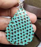 Turquoise Colored Tear Drop Shaped Real Leather Earrings with Metallic Gold Diamond Shapes