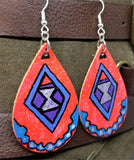 Hand Painted Southwestern or Aztec Design on Real Leather Teardrop Earrings