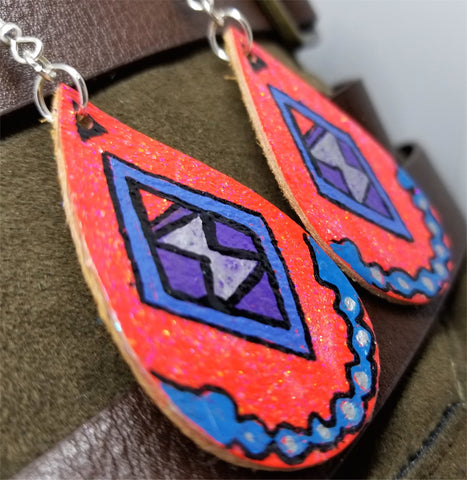Hand Painted Southwestern or Aztec Design on Real Leather Teardrop Earrings