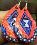 Hand Painted Southwestern or Aztec Design on Real Leather Teardrop Earrings