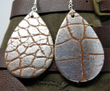 Large Silver and Brown Crocodile Skin Patterned Teardrop Shaped Thick Real Leather Earrings