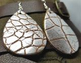 Large Silver and Brown Crocodile Skin Patterned Teardrop Shaped Thick Real Leather Earrings
