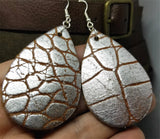 Large Silver and Brown Crocodile Skin Patterned Teardrop Shaped Thick Real Leather Earrings