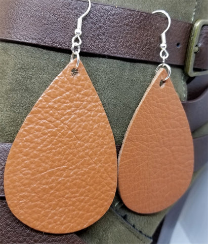 Large Brown Teardrop Shaped Real Leather Earrings