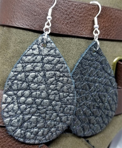 Pewter and Black Textured Teardrop Shaped Leather Earrings