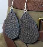 Pewter and Black Textured Teardrop Shaped Leather Earrings