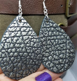 Pewter and Black Textured Teardrop Shaped Leather Earrings