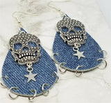 Denim Finish Tear Drop Shaped Real Leather Earrings with Skull and Star Charms
