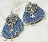 Denim Finish Tear Drop Shaped Real Leather Earrings with Skull and Star Charms