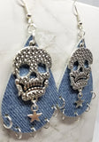Denim Finish Tear Drop Shaped Real Leather Earrings with Skull and Star Charms