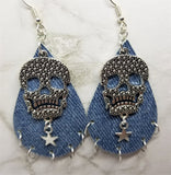 Denim Finish Tear Drop Shaped Real Leather Earrings with Skull and Star Charms