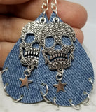 Denim Finish Tear Drop Shaped Real Leather Earrings with Skull and Star Charms