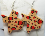 Texas Shaped Hand Painted Red and Black Leopard Print Real Leather Earrings