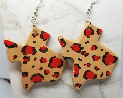 Texas Shaped Hand Painted Red and Black Leopard Print Real Leather Earrings
