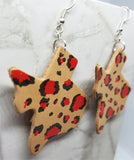 Texas Shaped Hand Painted Red and Black Leopard Print Real Leather Earrings