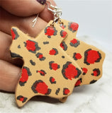 Texas Shaped Hand Painted Red and Black Leopard Print Real Leather Earrings