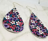 Colorfully Flowered Teardrop Shaped Real Leather Earrings