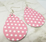 CLEARANCE Pink with White Polka Dots Teardrop Shaped Leather Earrings