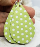Pastel Green with White Polka Dots Teardrop Shaped Leather Earrings