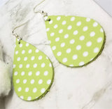Pastel Green with White Polka Dots Teardrop Shaped Leather Earrings