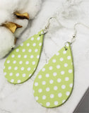 Pastel Green with White Polka Dots Teardrop Shaped Leather Earrings