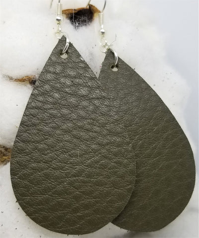 Olive Drab Teardrop Shaped Real Leather Earrings