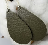 Olive Drab Teardrop Shaped Real Leather Earrings