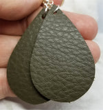 Olive Drab Teardrop Shaped Real Leather Earrings