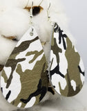 Soft Real Leather Green and White Camouflage Teardrop Earrings