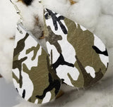Soft Real Leather Green and White Camouflage Teardrop Earrings