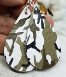 Soft Real Leather Green and White Camouflage Teardrop Earrings