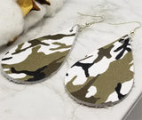 Soft Real Leather Green and White Camouflage Teardrop Earrings