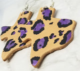 Texas Shaped Hand Painted Purple and Black Leopard Print Real Leather Earrings