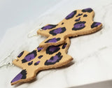 Texas Shaped Hand Painted Purple and Black Leopard Print Real Leather Earrings