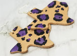 Texas Shaped Hand Painted Purple and Black Leopard Print Real Leather Earrings