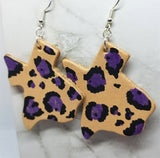 Texas Shaped Hand Painted Purple and Black Leopard Print Real Leather Earrings