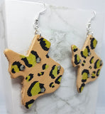Texas Shaped Hand Painted Gold and Black Leopard Print Real Leather Earrings with Rhinestone Accents
