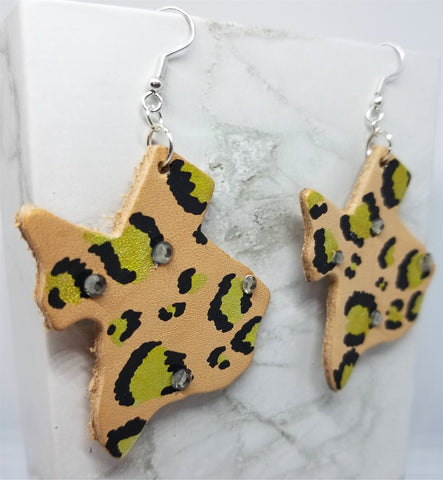Texas Shaped Hand Painted Gold and Black Leopard Print Real Leather Earrings with Rhinestone Accents