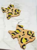 Texas Shaped Hand Painted Gold and Black Leopard Print Real Leather Earrings with Rhinestone Accents